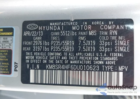 2013 Hyundai Santa Fe Limited z USA, uszkodzony, nr VIN KM8SR4HF6DU010623